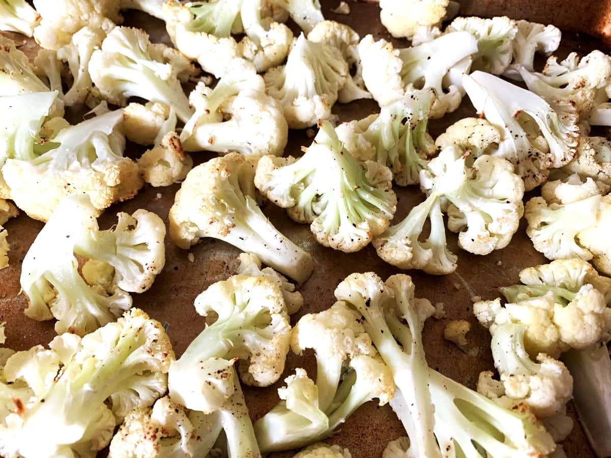 roasted cauliflower on baking sheet