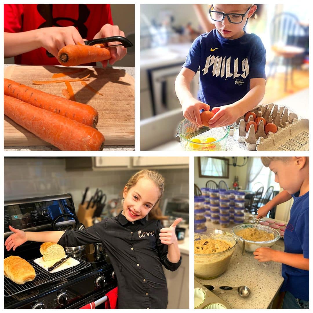collage image of kids doing various age-appropriate cooking skills including peeling vegetables, cracking eggs, baking bread and mixing muffin batter