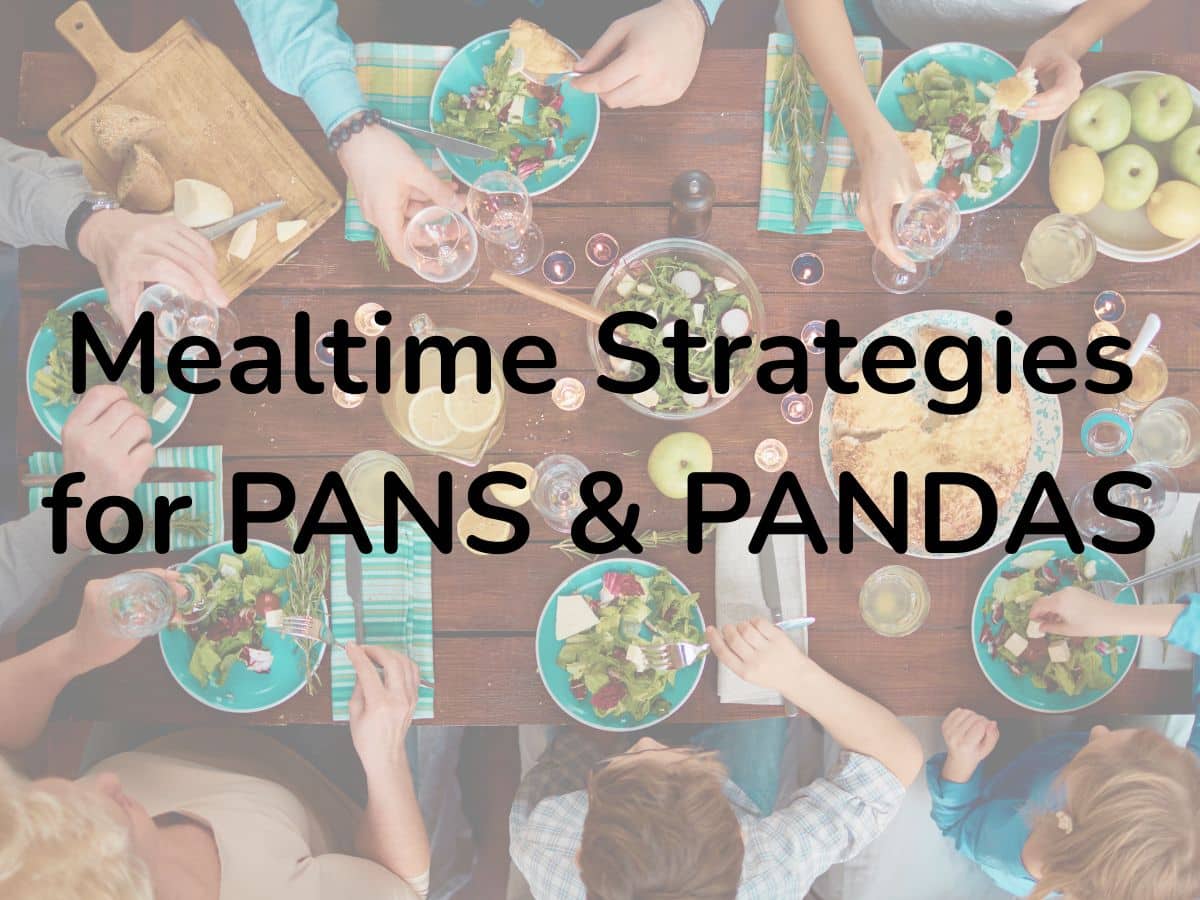 image of table filled with healthy food, with the title Mealtime Strategies for PANS & PANDAS